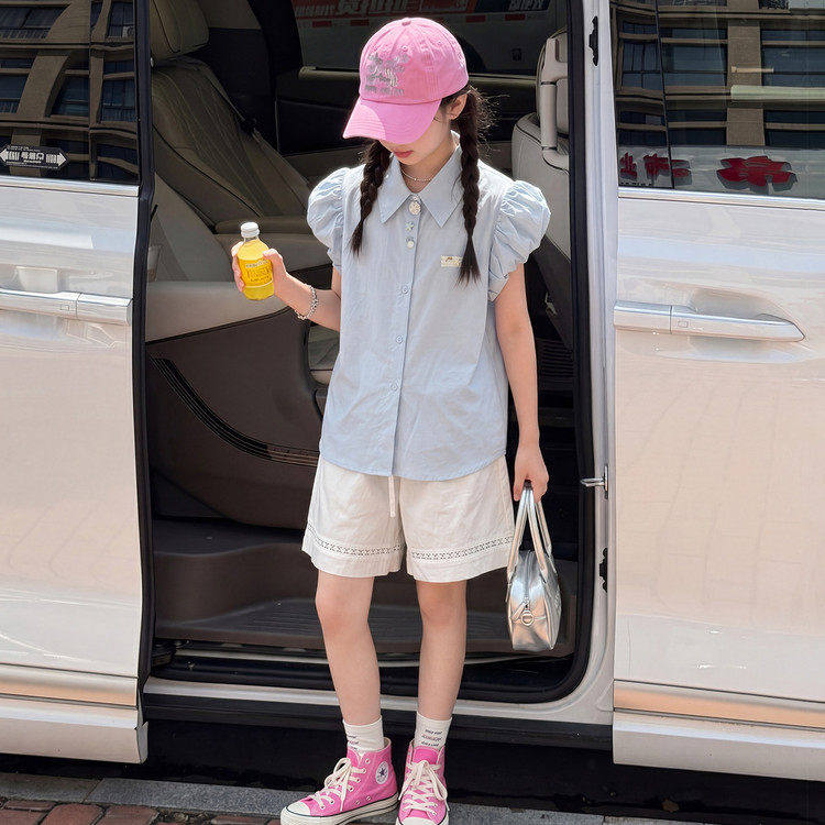 女童韩版时尚免搭泡泡袖套装2026夏季新款洋气薄款衬衫短裤两件套