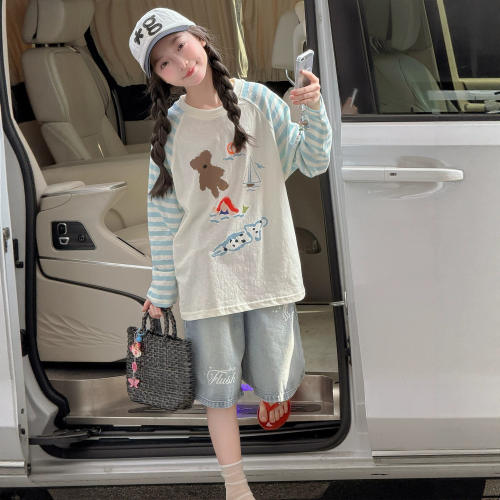 女童防晒罩衫t恤套装夏季2026新款儿童夏条纹拼接长袖薄款二件套