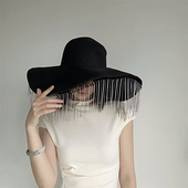 小众暗黑风水钻流苏大帽檐草帽女轻奢时装 周走秀摄影遮脸圆顶帽子