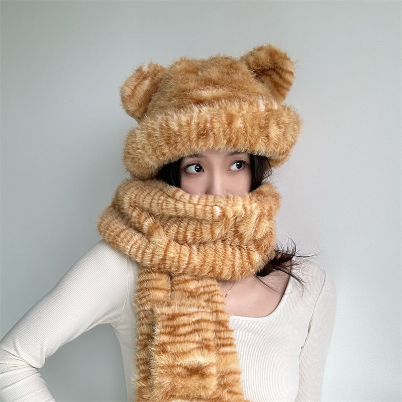 秋冬甜美可爱小熊耳朵百搭护颈保暖虎纹帽子女卡通毛绒围脖盆帽潮