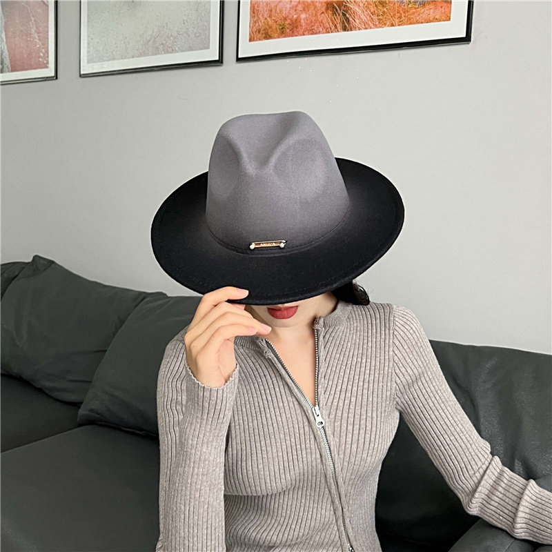 网红高级灰色仿毛呢爵士帽子女秋冬时尚百搭个性巴拿马渐变礼帽男