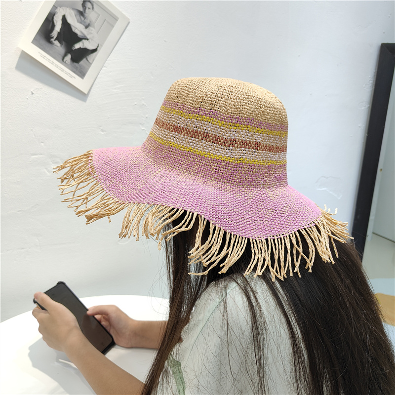 夏季粉色草编流苏遮阳帽海边度假沙滩防晒太阳帽子小檐可折叠草帽
