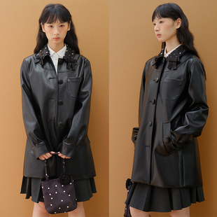 SelfMing可拆卸铆钉蝴蝶结领皮革A廓形感风衣中长款