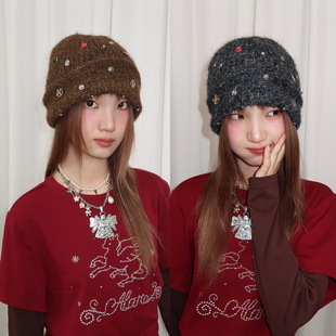 Selfming趣味手工钉珠针织冷帽卷边堆堆帽修饰脸型显脸小包头帽