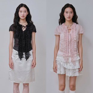 SelfMing宫廷层叠木耳边V领系带短袖薄透衬衫上衣