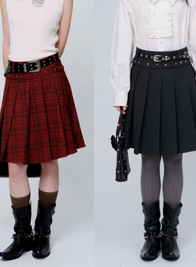 SelfMing花朵金属铆钉格纹英伦风黑灰色学院百褶半身裙
