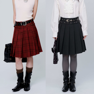 SelfMing花朵金属铆钉格纹英伦风黑灰色学院百褶半身裙