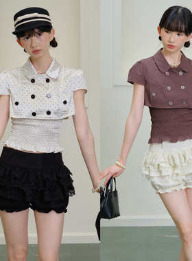 SelfMing波点/刺绣短款娃娃领衬衫打揽抹胸两件套叠穿