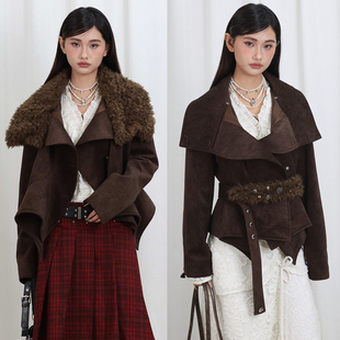 SelfMing肌理感麂皮绒可拆毛领荷叶造型感长袖外套夹克