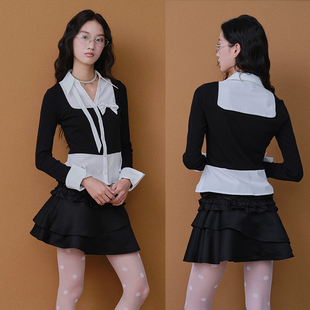 SelfMing弹力针织拼接黑白蝴蝶结系带假两件学院通勤v领衬衫