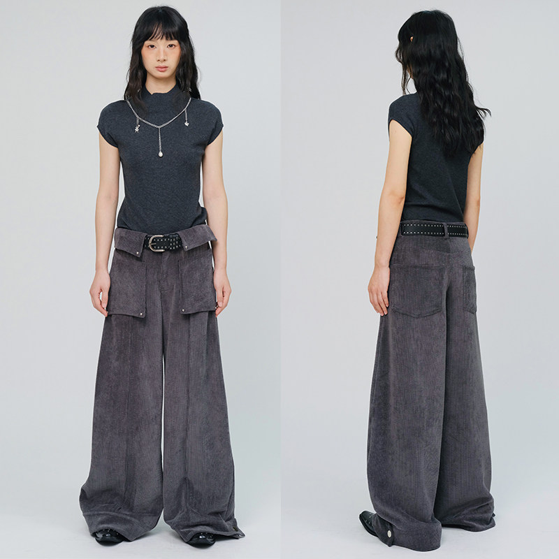 SelfMing灯芯绒翻折腰头铆钉口袋立体松弛感阔腿裤弯刀裤休闲长裤,女装/女士精品,休闲裤,淘宝优惠券,粉丝福利购,淘宝优惠卷