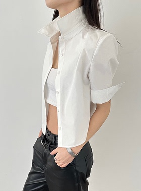 WORK DAY工作日 设计感高级白色休闲短袖衬衫女夏款修身短款衬衣