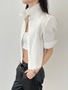 WORK DAY工作日 设计感高级白色休闲短袖衬衫女夏款修身短款衬衣