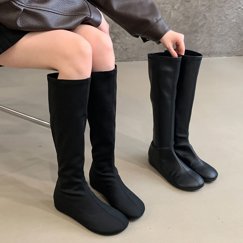 复古小众设计长靴芒果头平底弹力靴2025秋冬新款靴子百搭瘦瘦女靴,女鞋,时装靴,淘宝优惠券,粉丝福利购,淘宝优惠卷