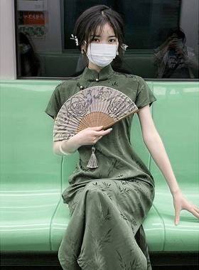 绿色改良版旗袍古风素雅汉服年轻款少女古法日常平裁曳地无省礼服