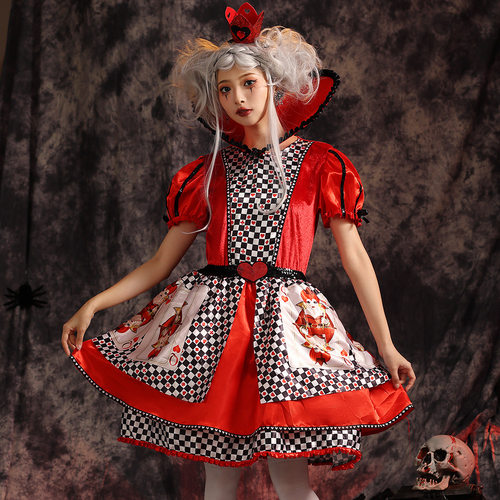 万圣节红皇后cosplay立领蓬蓬裙扑克女王梦游仙境桃心王后扮演服