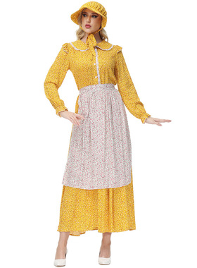黄色碎花长裙殖民地女孩草原先锋开拓者扮演服田园风连衣裙女仆装