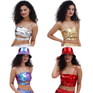 音乐节派对嘻哈爵士舞蹈演出服女士金色吊带背心性感仿皮短款上衣