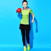 速干乒乓球网球短袖 套装 T恤 羽毛球服上衣运动九分裙裤 女士加大码