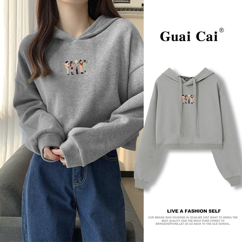 洋气灰色宽松秋冬加绒短款连帽卫衣女春季薄款高腰新款长袖上衣潮