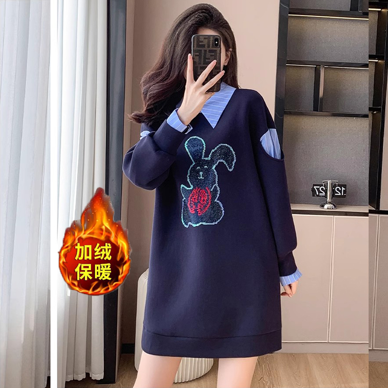 加绒加厚卫衣女士春秋高级感气质中长款休闲遮肚子减龄保暖连衣裙