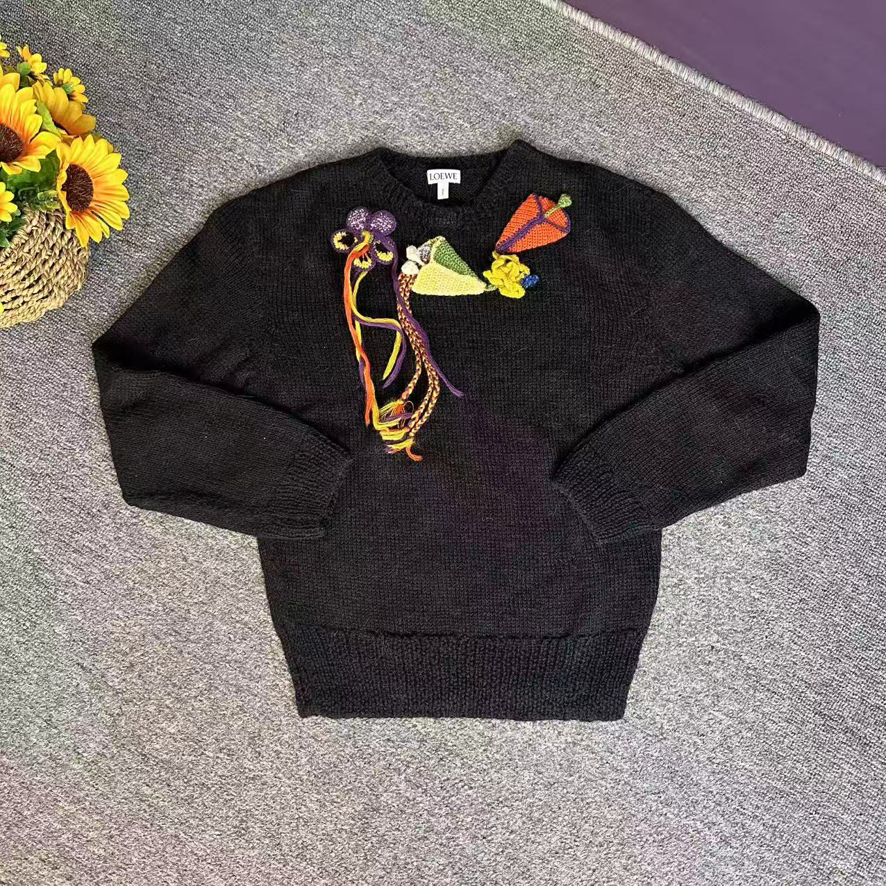 蘑菇英国代 黑色重工刺绣针羊毛针织毛衣 M码胸围102