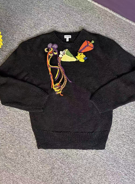 蘑菇英国代 黑色重工刺绣针羊毛针织毛衣 M码胸围102