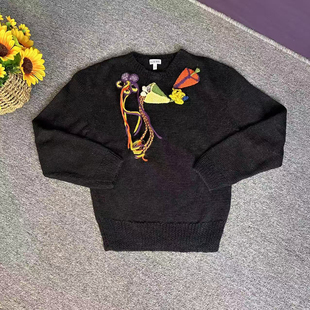 蘑菇英国代 黑色重工刺绣针羊毛针织毛衣 M码胸围102
