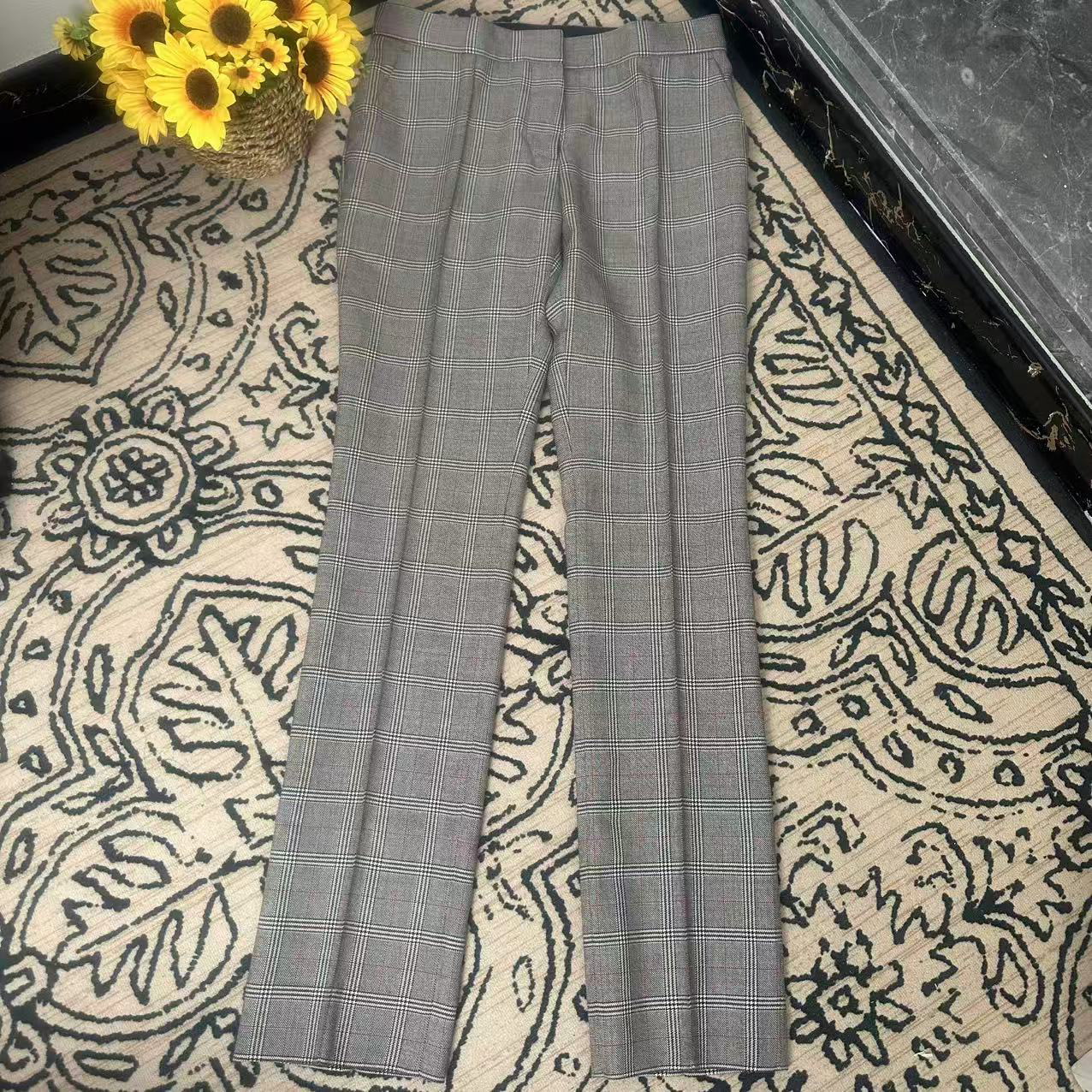 蘑菇英国代Stella  灰色羊毛格纹直筒中腰休闲裤 40码臀围102