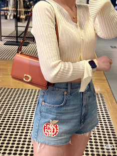 蘑菇英国代购 蓝色磨白大苹果刺绣牛仔短裤 腰围68臀围100