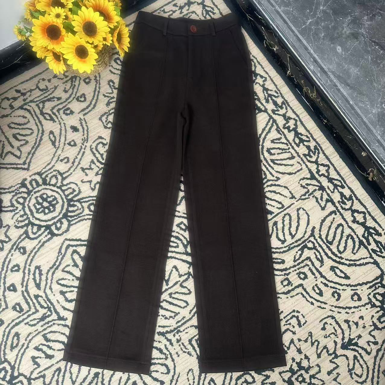 蘑菇英国代 TYZHURA 25新款 深棕色羊绒高腰直筒西裤 休闲裤