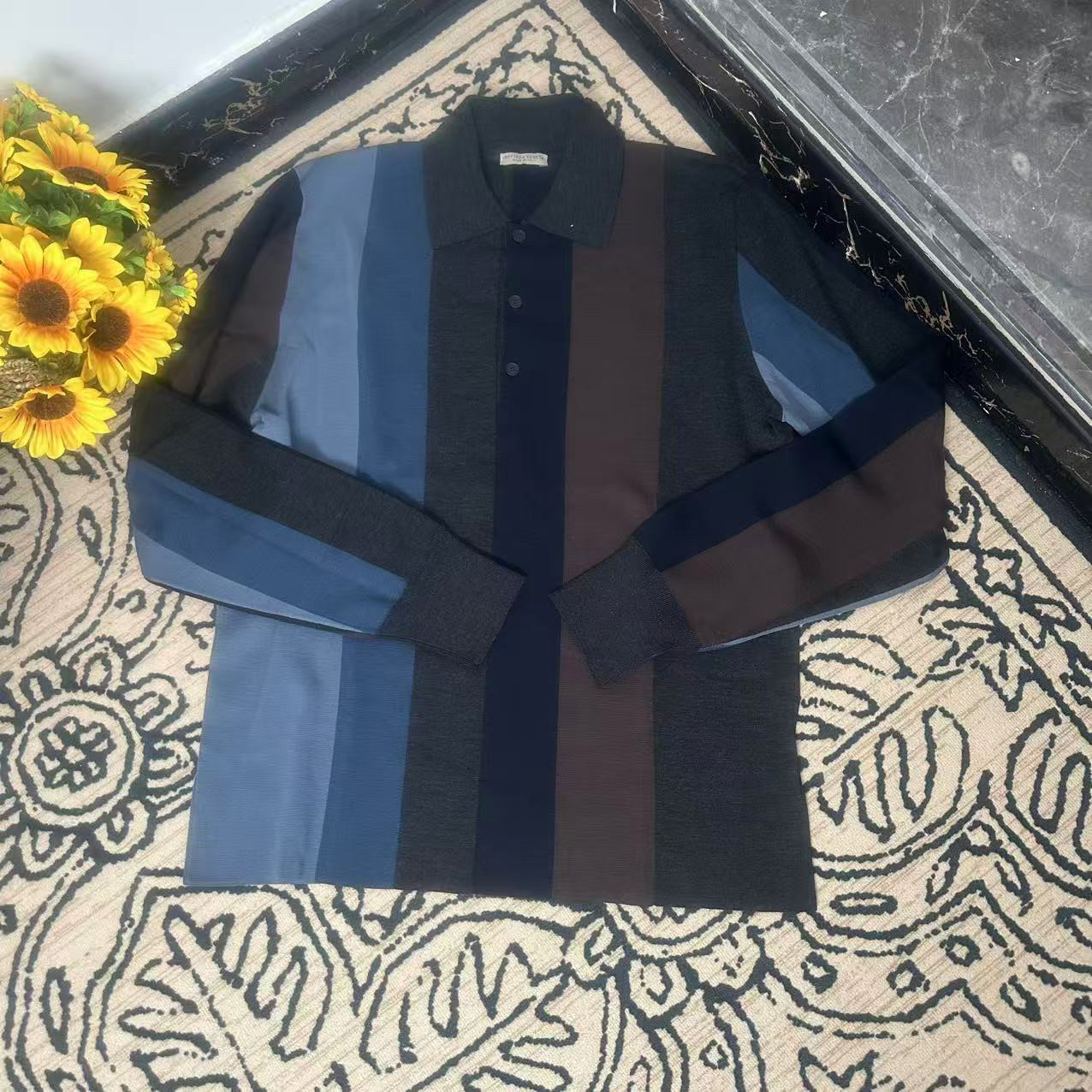 蘑菇英国代 男款 深色条纹拼接羊毛针织衫 50码胸围112