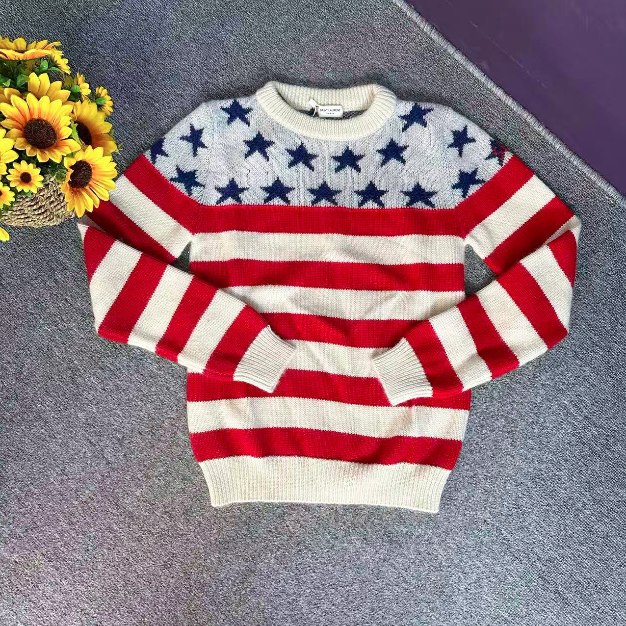 蘑菇英国代 红白条纹针织羊毛马海毛针织毛衣 S码胸围98