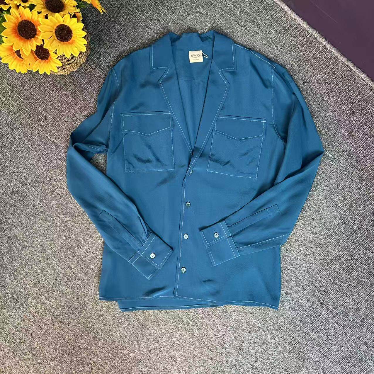 蘑菇英国代购 TYZHURA 经典孔雀蓝大口袋衬衫