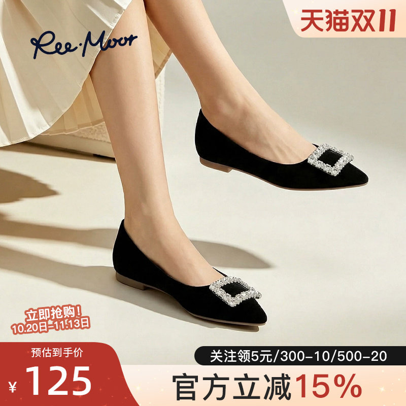 reemoor时尚气质水钻尖头浅口单鞋女平底温柔黑色绒面鞋睿慕