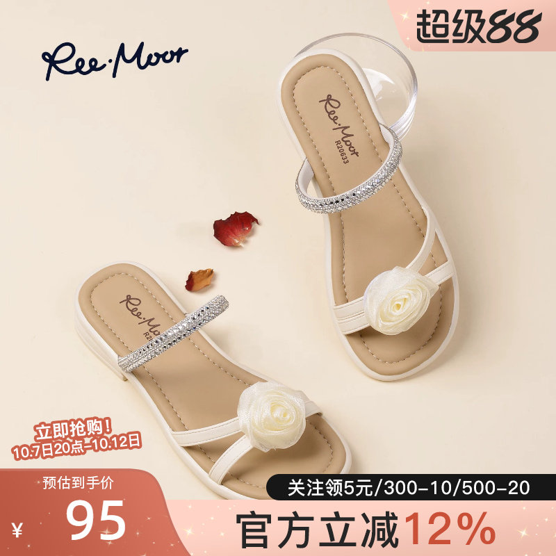 reemoor睿慕少女风水钻花朵一字带凉鞋女夏季平底法式配裙子拖鞋