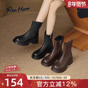 reemoor厚底短靴2025年秋冬新款粗跟侧拉链复古时尚单靴气质睿慕