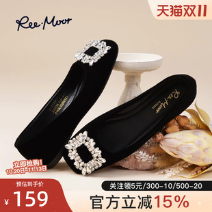 reemoor睿慕水钻方扣浅口单鞋女黑色平底通勤鞋百搭舒适女鞋