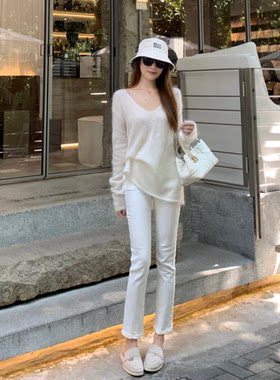 白色直筒牛仔裤女2026年新款春秋夏季薄款八九分小个子弹力烟管裤