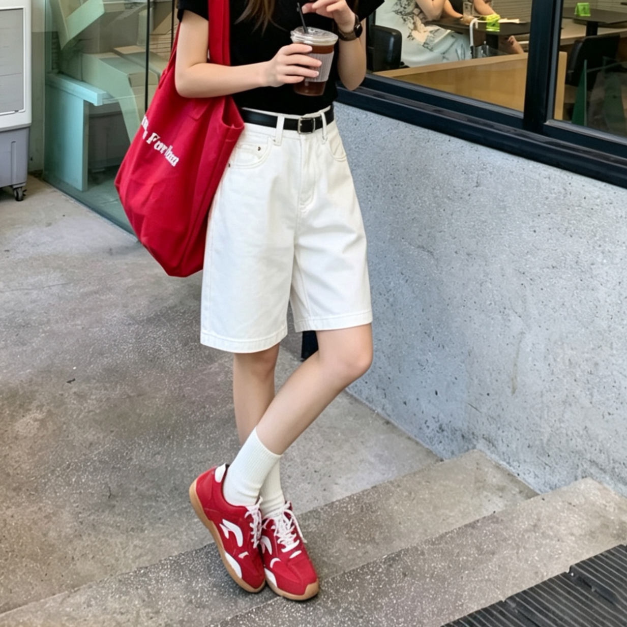 白色气质短裤女夏天外穿新款爆款高腰显瘦百搭宽松五分牛仔中裤子图片