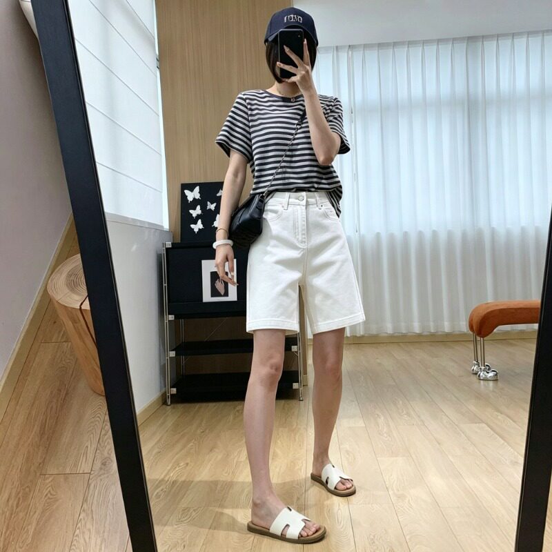 高腰显瘦白色牛仔短裤女夏天外穿宽松百搭气质五分裤中裤实拍穿搭图片