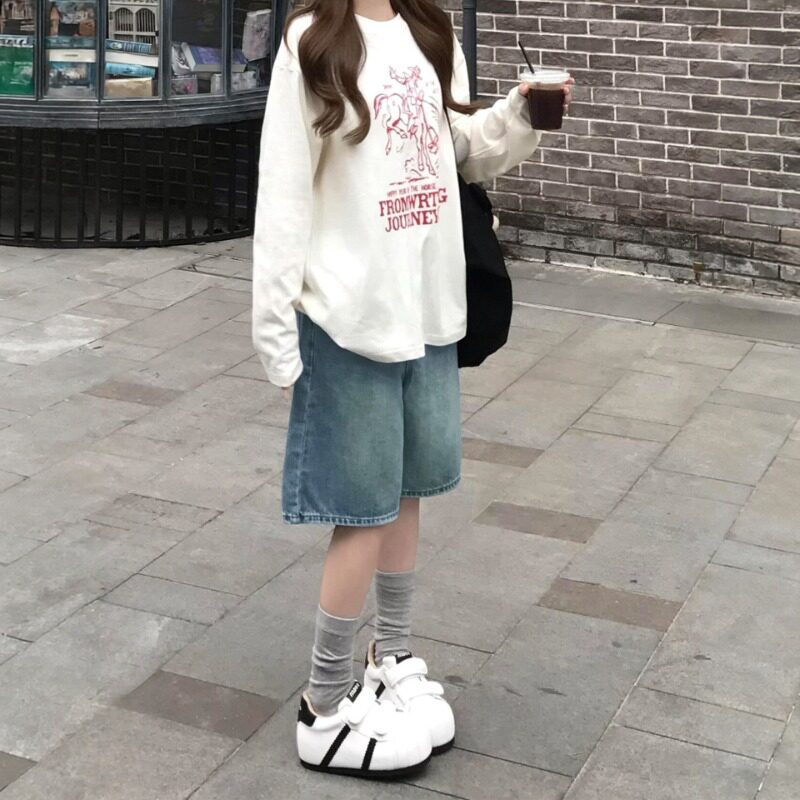 美式五分牛仔短裤女夏天2026新款宽松显瘦梨形身材高腰直筒中裤子图片