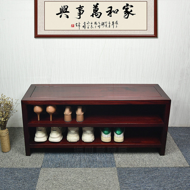 新中式入户换鞋凳家用进门小型实木鞋柜可坐穿鞋凳子榆木深红色(1