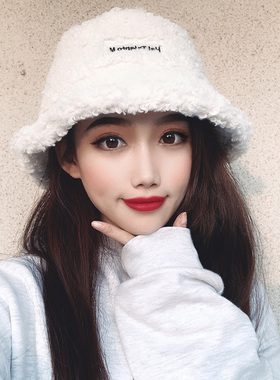 白色帽子女网红明星同款渔夫帽秋冬韩版加厚保暖羊羔毛绒盆帽黑色