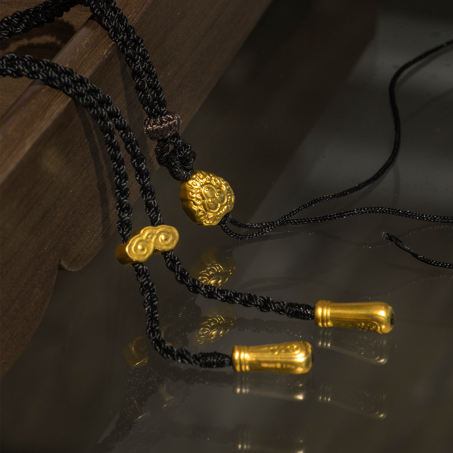 金米黄金摩尼宝黑绳项链绳子高级吊坠挂绳专柜硬金足金配饰编绳