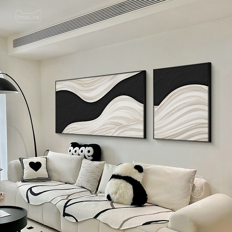 现代简约高级感客厅双联2024感背景墙肌理黑白沙发新款挂画装饰画
