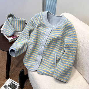 双面穿仿羊羔毛棉服女条纹加厚保暖宽松短款外套撞色颗粒绒棉衣