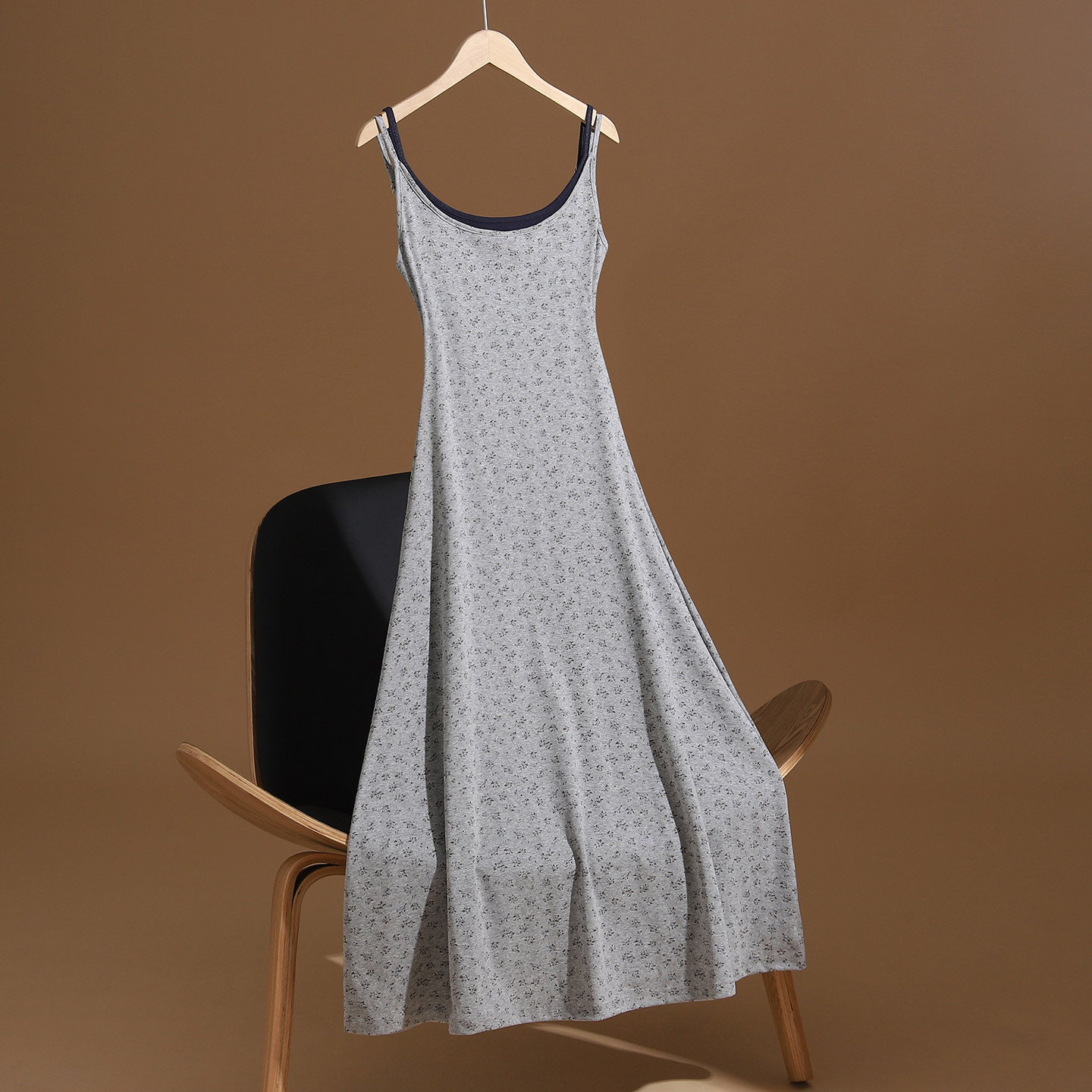 it :CHOCOOLATE灰色假两件碎花吊带裙女修身收腰休闲A字裙连衣裙