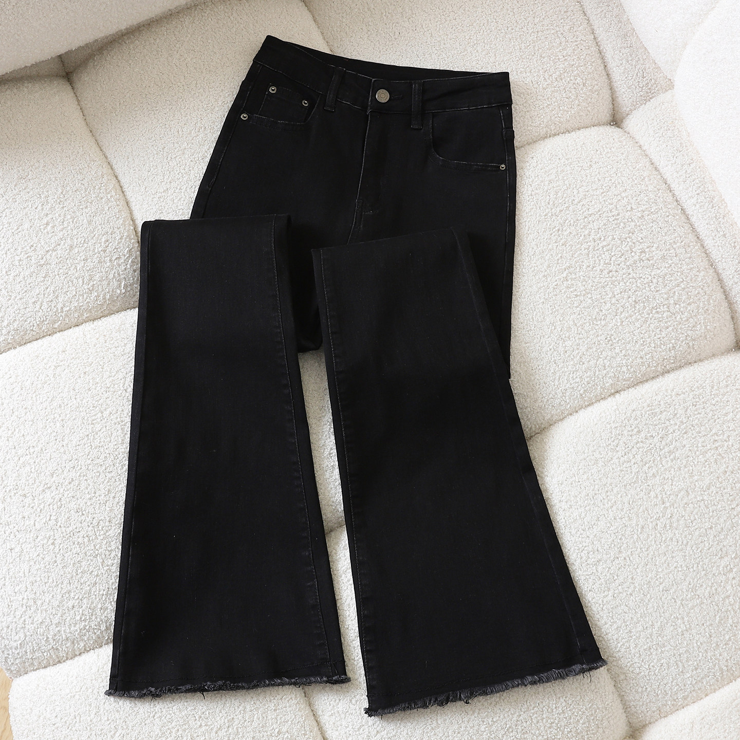 it :CHOCOOLATE黑色毛边紧身微喇牛仔裤女高腰修身显瘦弹力喇叭裤