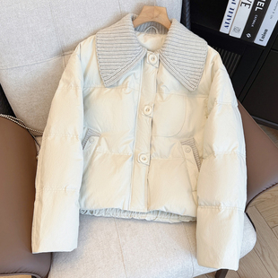 奶油风翻领短款羽绒服女秋冬新款加厚保暖显瘦宽松米白色棉服外套